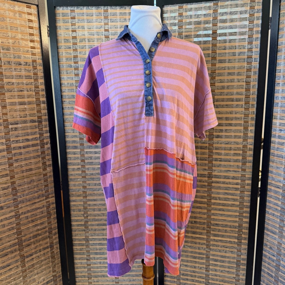 Free People Polo Shirtdress Tunic Womens M Pink Striped Colorblock Boho